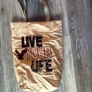 Vintage American Eagle Live Your Life Tan Canvas Tote Bag Sequin Patches Button